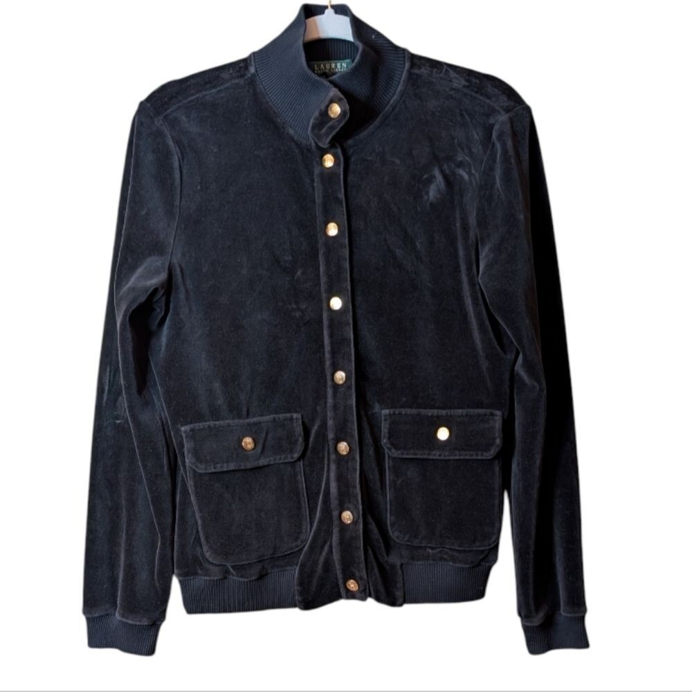 Lauren Ralph Lauren Black Velour Bomber Jacket Gold snap decorative Buttons M